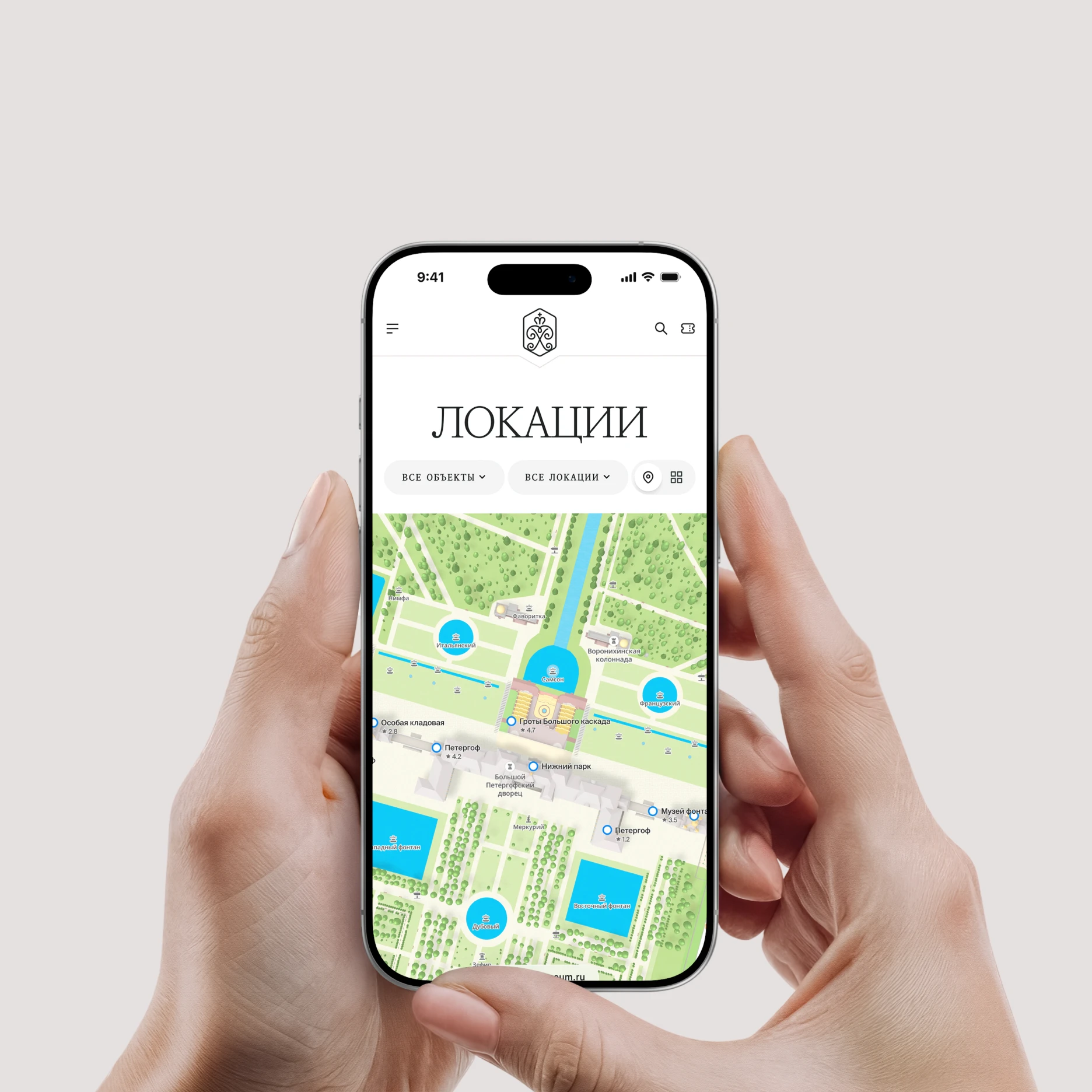 Карточка локации на интерактивной карте Петергофа с описанием, режимом работы и стоимостью билетов